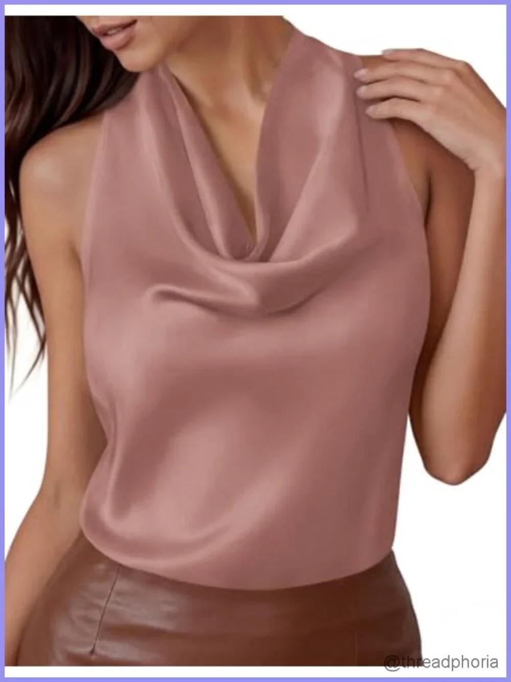 Satin Halter Tank Top Cowl Neck Tie Back Sleeveless Summer Blouse